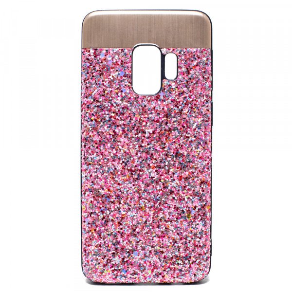 Wholesale Galaxy S9 Sparkling Glitter Chrome Fancy Case with Metal Plate (Pink)